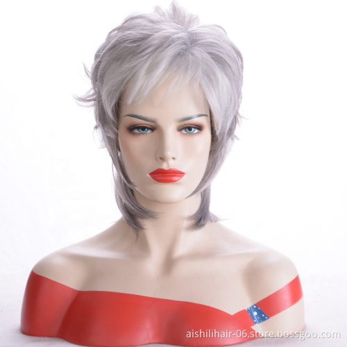 Synthetic hair silver gray color lolita wig short natural wave and kinky curly synthetic hair wigs for women